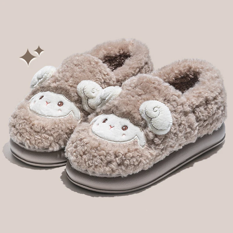 Cute Cartoon Lamb Cotton Slippers Women Indoor Warm Thicken Plush Home Slippers Woman Comfortable Non Slip Fluffy Slides Female