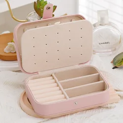Compact Leather Travel Jewelry Storage Organizer Box - Earrings, Necklaces, and Rings Display Case (Pink)