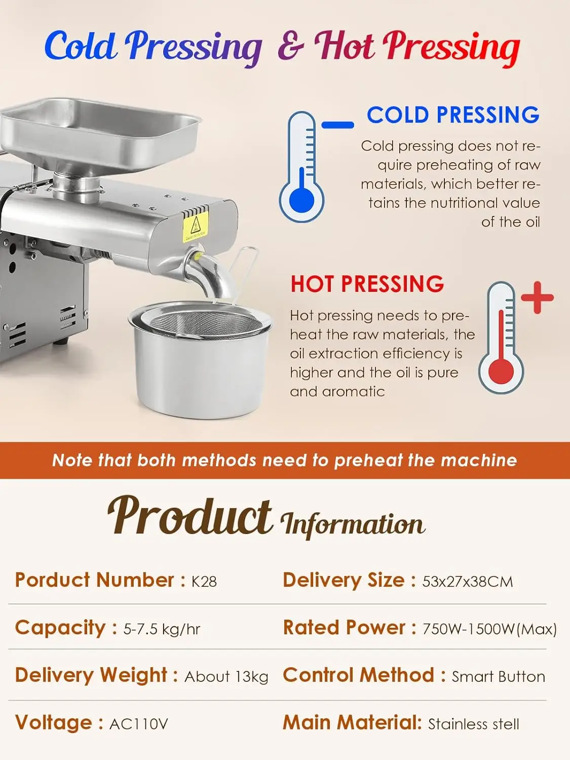 Upgraded Oil Press Machine Automatic Oil Presser Cold Hot Press with Intelligent Control/LCD Touch Screen/ 6 Levels of Temp 5