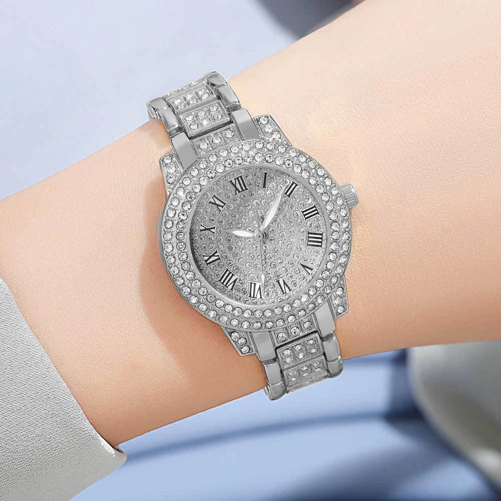 4 PCS Set Luxury Watch Women Necklace Earrings Rhinestone Fashion Wristwatch Female Casual Ladies Watches Bracelet Set Cloc 4