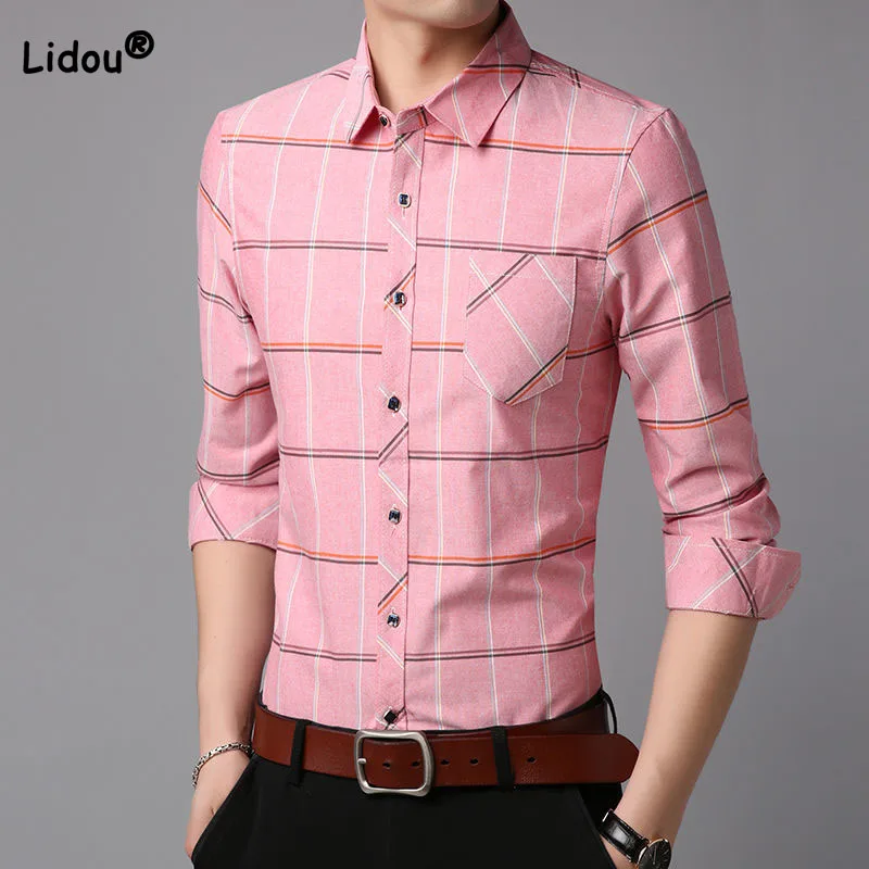 Business Office Casual Plaid Turn-down Collar Shirt Male Clothes 2023 Spring Autumn Fashion Men's Long Sleeve Button Shirts