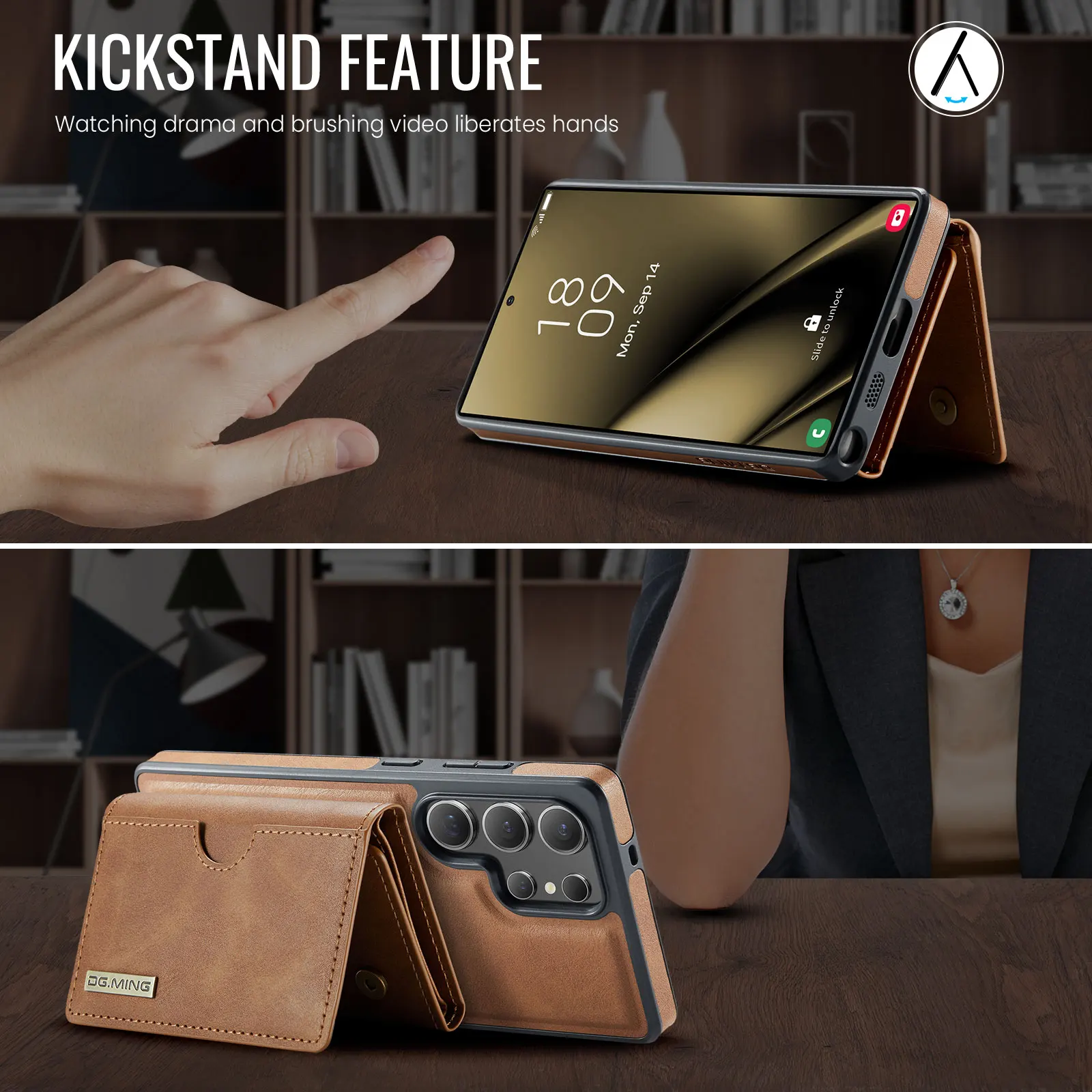 Magnetic Leather Wallet Phone Case with Detachable Flip Card Holder
