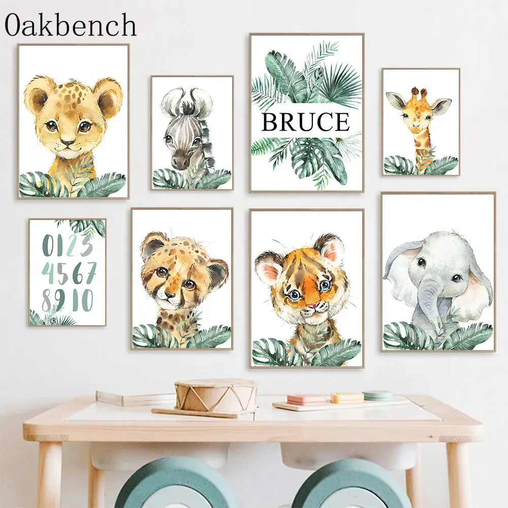 

Картина на холсте с именем под заказ, картина с алфавитом, планшетом, львом, слоном, художественные принты, постеры для детской комнаты, украшение детской комнаты