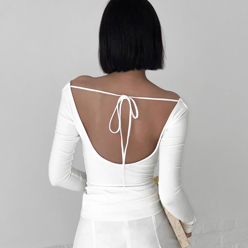 Irregular Swing Collar Ruched Off Shoulder Crop Vest Long Sleeve Backless Strappy Women Casual Tops Streetwear In Autum