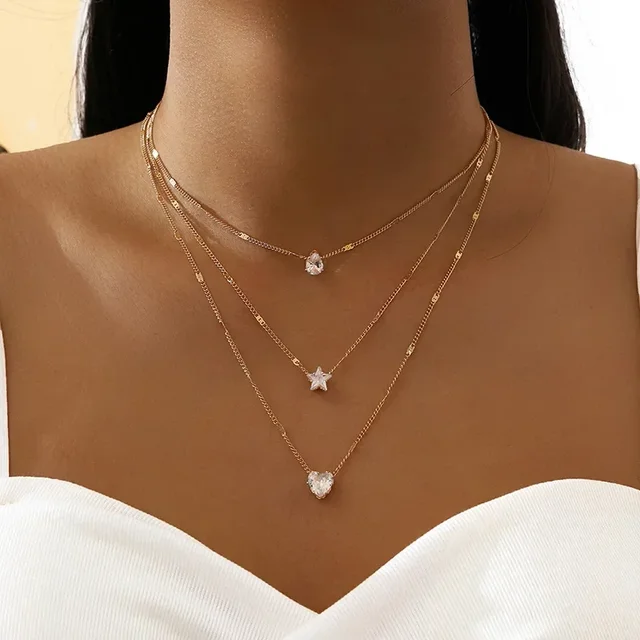 Cristal Zircon coeur étoile breloque couches pendentif collier ensemble pour femmes breloques mode carré strass femme Vintage bijoux