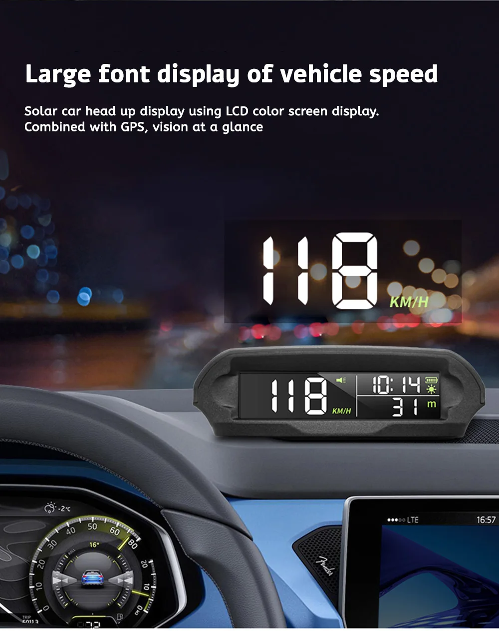 100 % Auto-GPS-Tachometer, Head-Up-Display mit Solarladefunktion, intelligenter digitaler Alarm-Erinnerungsmelder für das Auto, elektronisches Zubehör, HUD – Detail 6