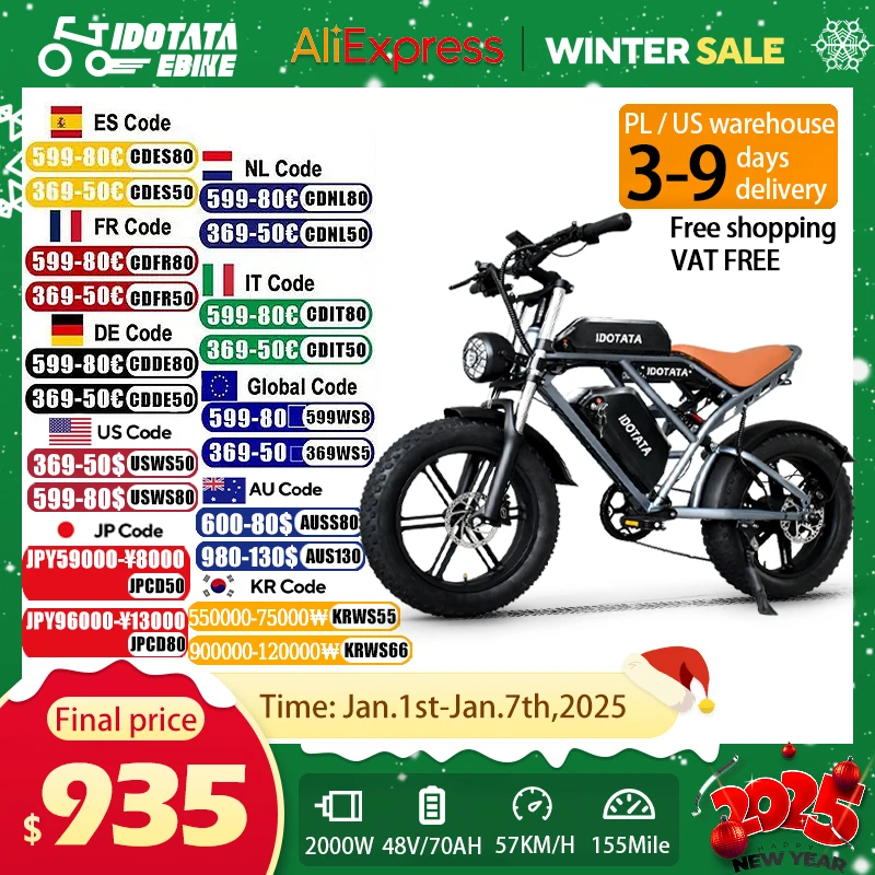 IDOTATA-Moped Fat Tire Electric Bike for Adults 2000W 20Inch Electric Bicycle 48V 55Ah Dual Battery 35MPH 100Miles Ebike electric bike electric bicycle