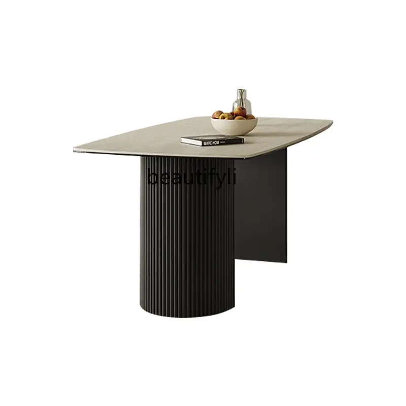 

French Cave Stone Stone Plate Dining Table Light Luxury Rectangular Solid Wood Dining Table and Chair Home Small Apartment
