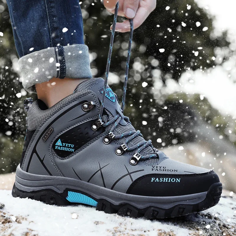 Winter Warm Cotton Shoes Men Outdoor Leather Black Casual Shoes Fur Sneakers High Top Rubber Ankle Boots Male Hiking Trekking 46