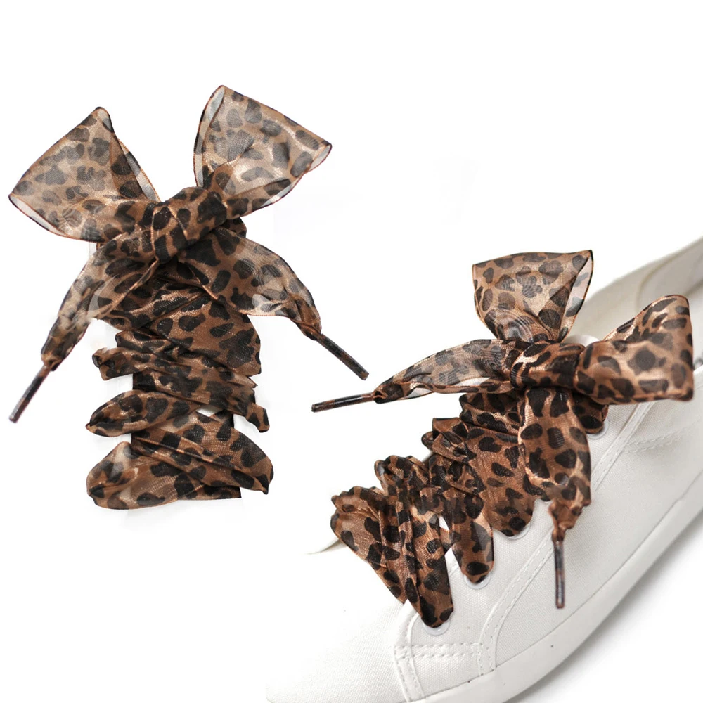 

New 110cm Long Cute Fashion Leopard Print Ladies Exquisite Small Fresh Lace Flat Bottom Silk Satin All-match Pair Of Shoelaces