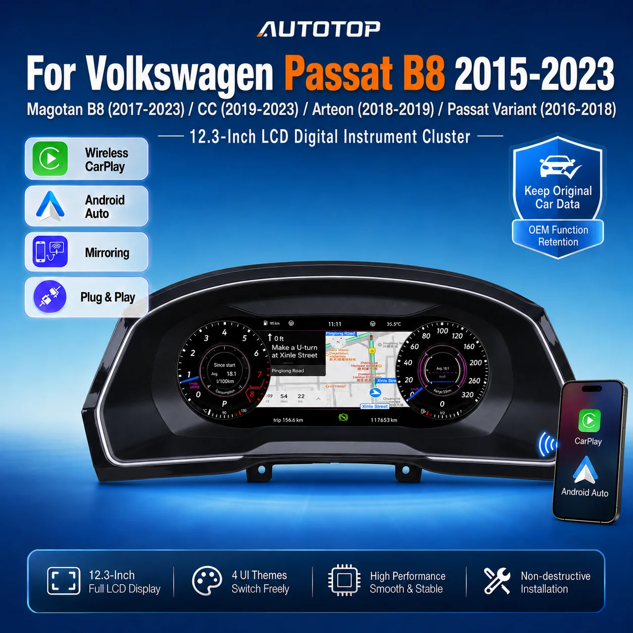 Panel de Instrumentos Digital Linux AUTOTOP de 12.3 Pulgadas para Volkswagen VW Passat B8/Magotan B8/CC/Arteon/Passat Variant 2015-2023, Actualización de Tablero LCD Virtual Cockpit, Compatible con CarPlay Inalámbrico, Android Auto, AirPlay, AutoLink, Plug & Play, Navegación GPS 2