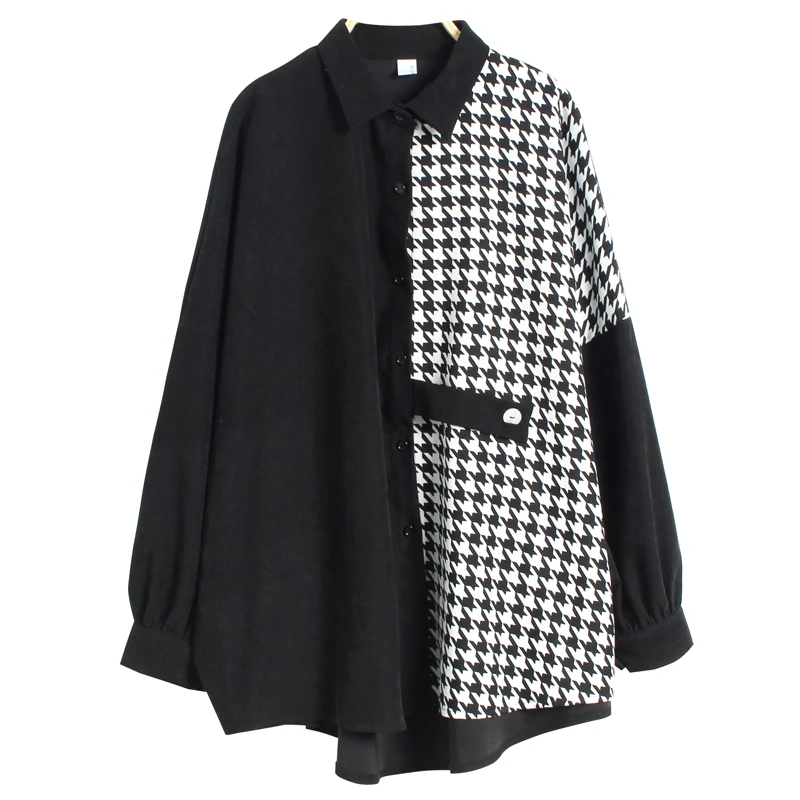 

VANOVICH Batwing Sleeve Contrast Color Houndstooth Patchwork Loose Oversized Mid-length Shirt Temperament Korean Casual Shirts