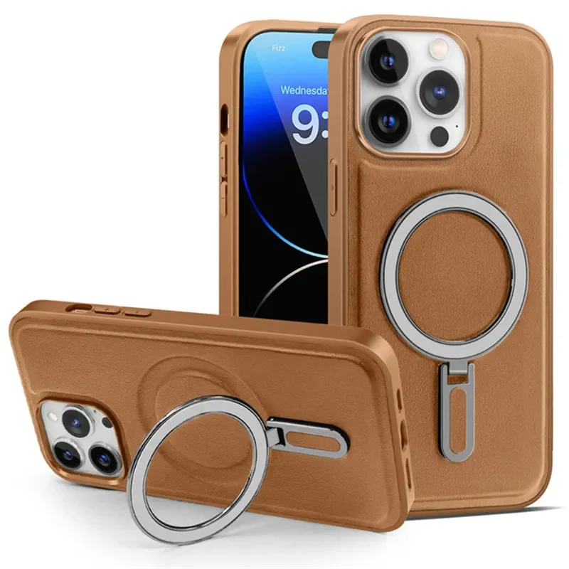 

Luxury Magnetic Leather Case For iphone 15 14 13 12 11 Pro Max 14Plus 15Plus With Invisible Ring Holder Shockproof Cover