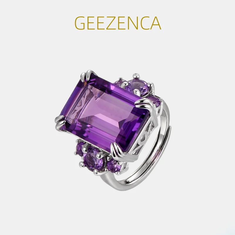 

GEEZENCA Natural Amethyst 925 Sterling Silver Luxury Rings Women Rectangle Faceted Stone Classic Geometric Ring 2023 New Gift