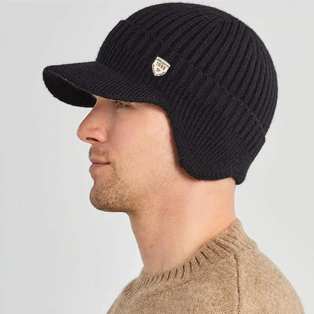 Hot Sale Men Winter Hat Outdoor Ear Protection Knit Hat Keep Warm Visor Cap Casual Fashion Brim Earflap Hats