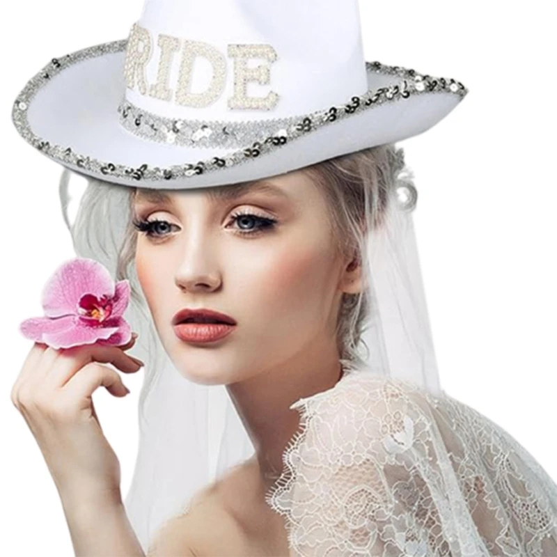 Funny Cowboy Cowgirl Bride Hat with Mesh Veil Rhinestones Bride Letter Wide Brim Hat Bachelorette Wedding Party Props
