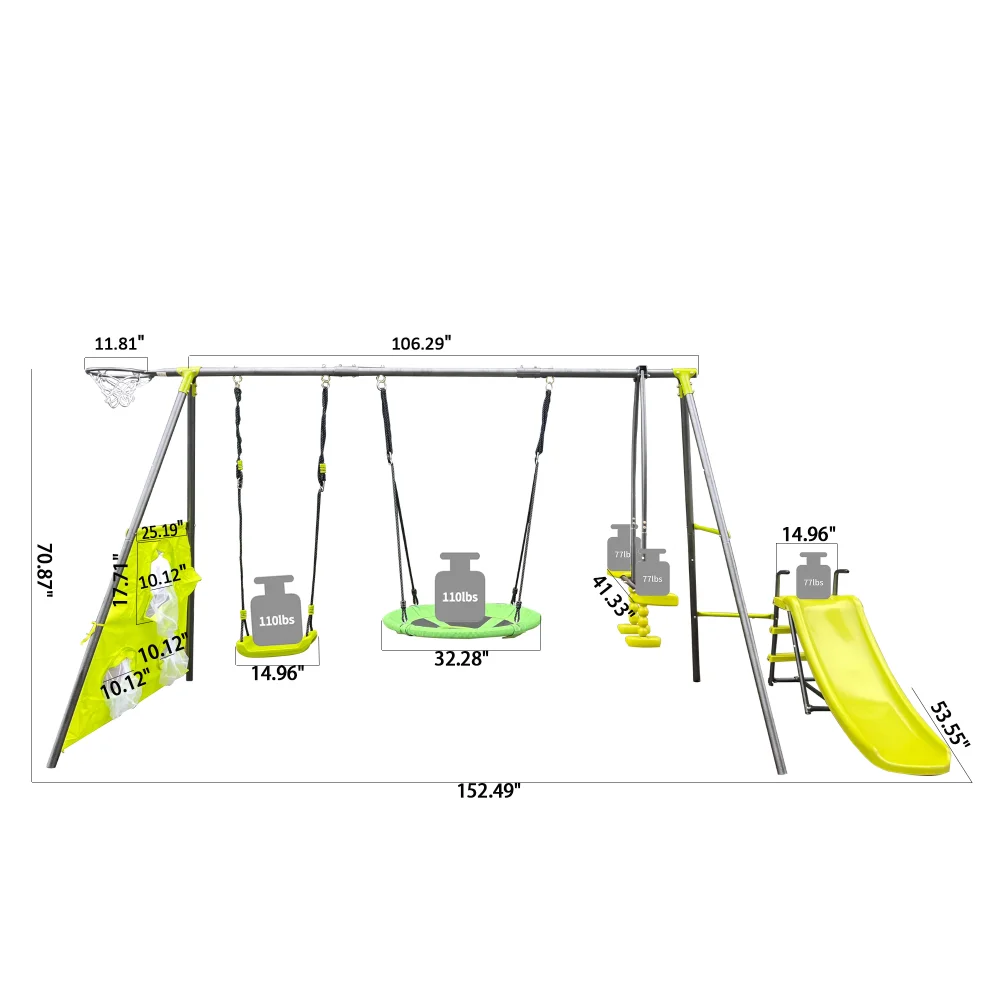 Interesting six function swingset with net swing metal plastic safe swing set 440lbs for outdoor playground  age 3+ with 31.5in 3