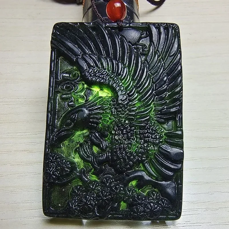 

Black Green Jade Eagle Pendant Chinese Hand Carved Natural Obsidian Necklace Jewellery Fashion Amulet Women Sweater Chain