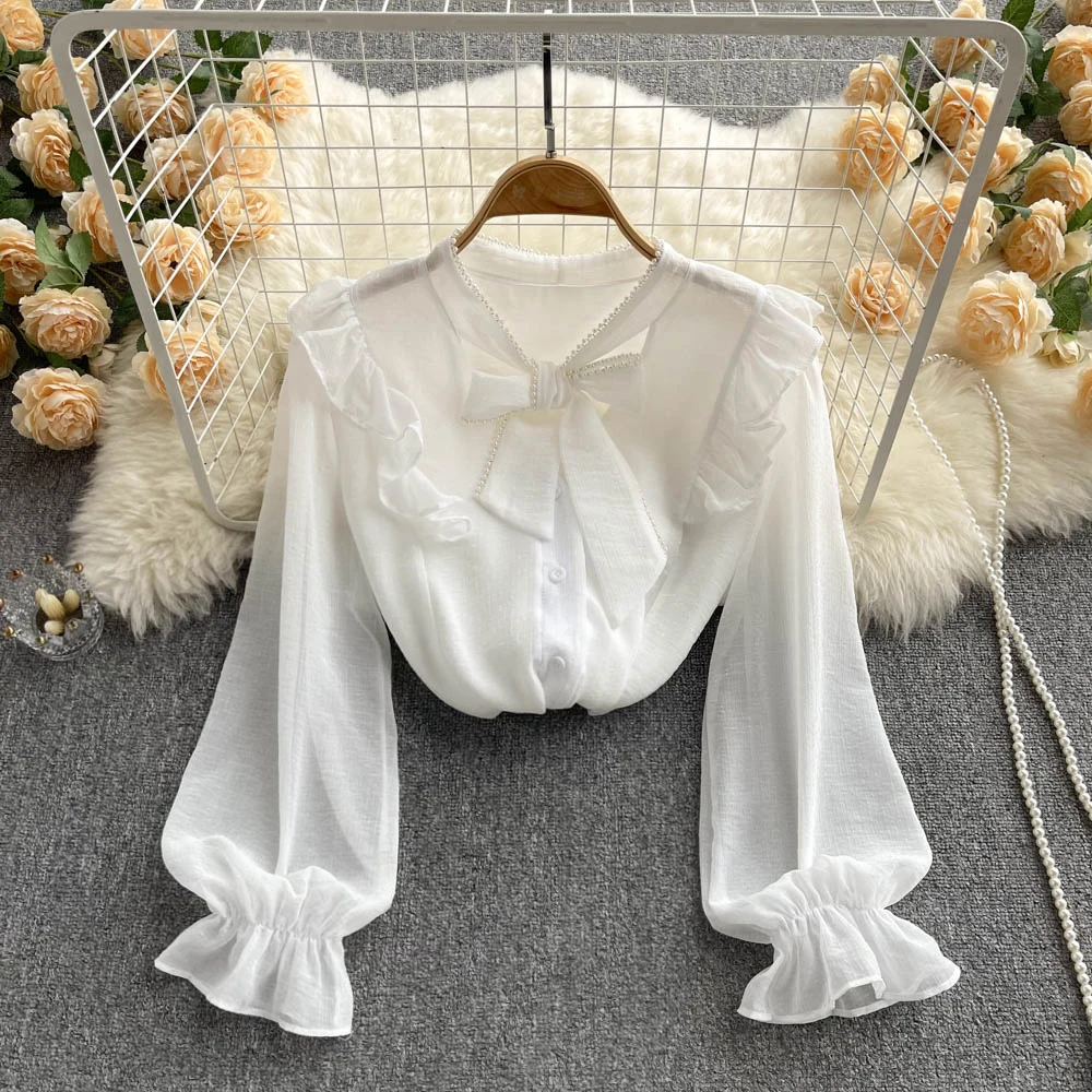

Spring and Autumn New French Bubble Sleeve Bow Tie Tie Shirt Design Feeling Sweet and Chic Long Sleeve Top Women's Wear