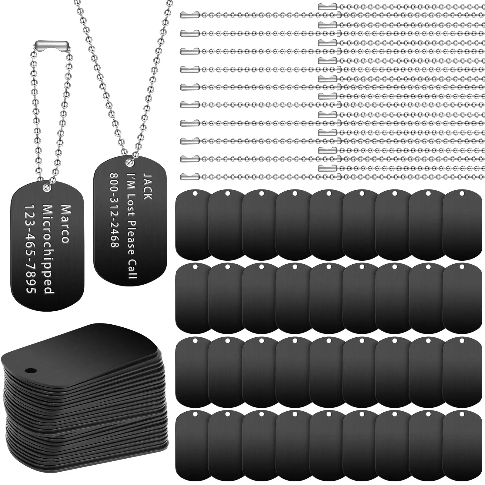 

60Pcs Dog Tags Set Aluminum Dog Tags and Ball Steel Chain Rectangle Blank Tag Metal Stamping Tags for DIY Pet Dog ID Tags