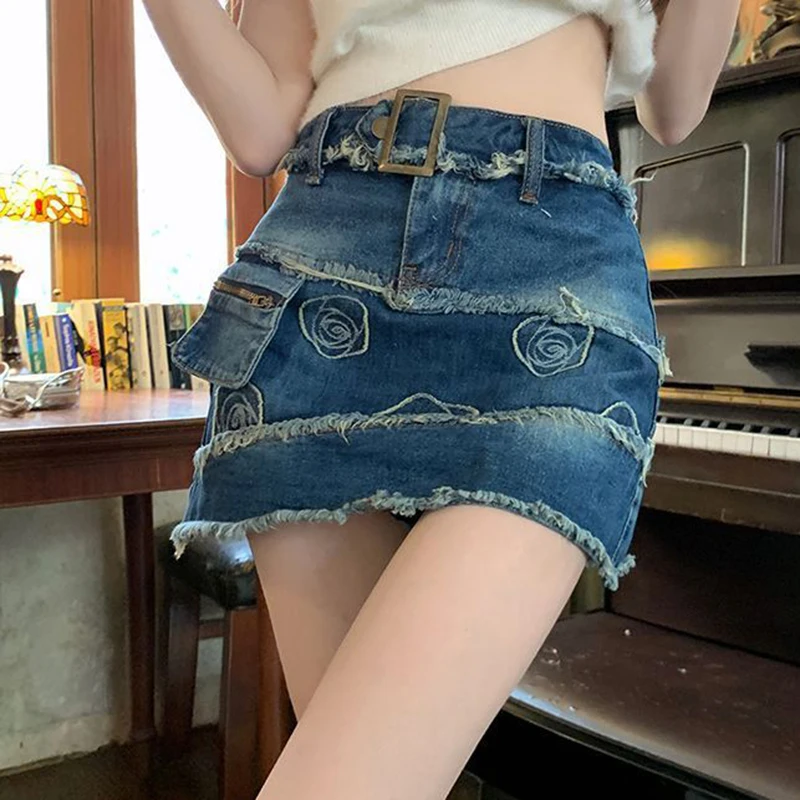 2023 Summer New Spicy Girl Retro High Waist Denim Half Skirt Women's Design Sense  Hip Short Skirt Trend