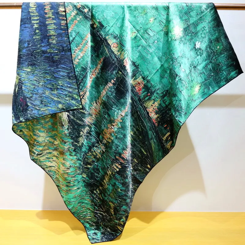 

Oil Painting double sided 100% Silk scarf Shawls Bandanna Pashmina 110CM Foulard Female Luxury Hijab for Women Scarves Echarpe