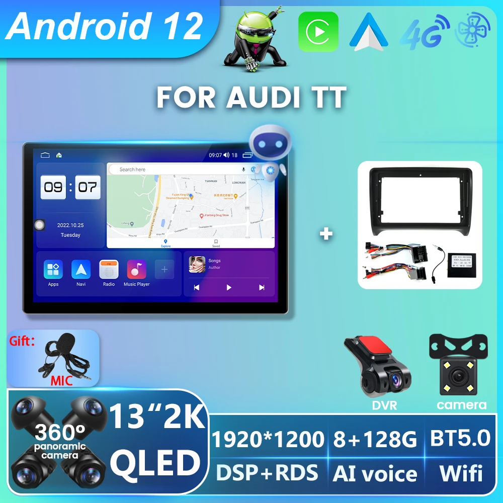 

Автомобильная Мультимедийная система QLDE, 13 дюймов, Android 12,0, для Audi TT MK2 8J 2006-2014, GPS-навигация для Carplay, автоподдержка, камера 360