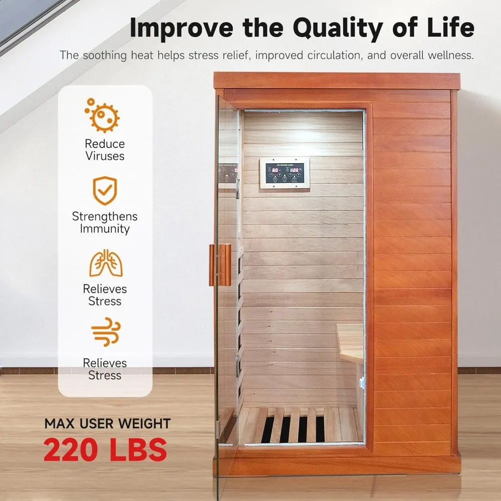 Far Infrared Sauna for Home One Person Wood Sauna 800W/110V Low Emf Dry Saunas Indoor Sauna Room with Tempered Glass Door 4
