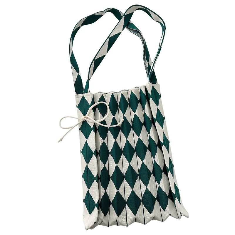 New 2023 Trend Plaid Foldable Diamond Lattice Casual Knit Tote Women's Novelty Handwoven Shopping Carryall Bag Soft Open Pocket