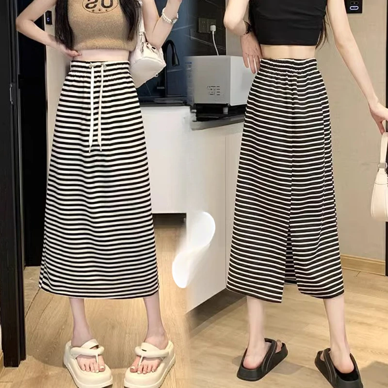 Korean Style Summer Maternity Striped Skirts Drawstring Waist Back Split Mid-calf Black White Pregnant Woman One-Step Skirt