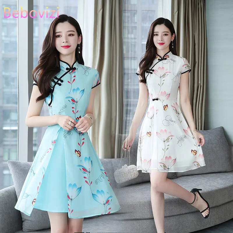 2023 Summer New Modern Improved Cheongsam Chiffon Printing Vintage Traditional Chinese Style Slim Qipao Dress traditional cheongsam qipao retro chinese style french cheongsam improved party summer dresses for women