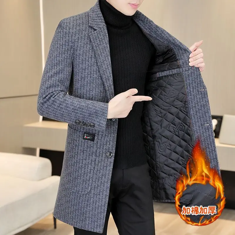 

High-quality Autumn Winter Woolen Coats Men Thickened Warm Long Trench Coat Striped Casual Business Streetwear Overcoat Clothes