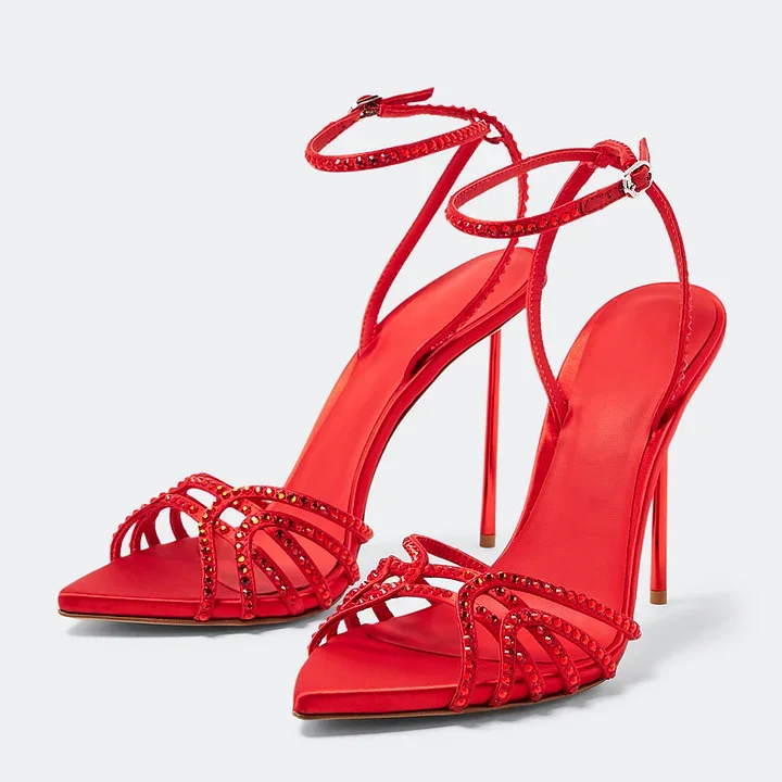 

Red Satin Prom Heels Pointed Toe Caged Strappy Rhinestone Sandals
