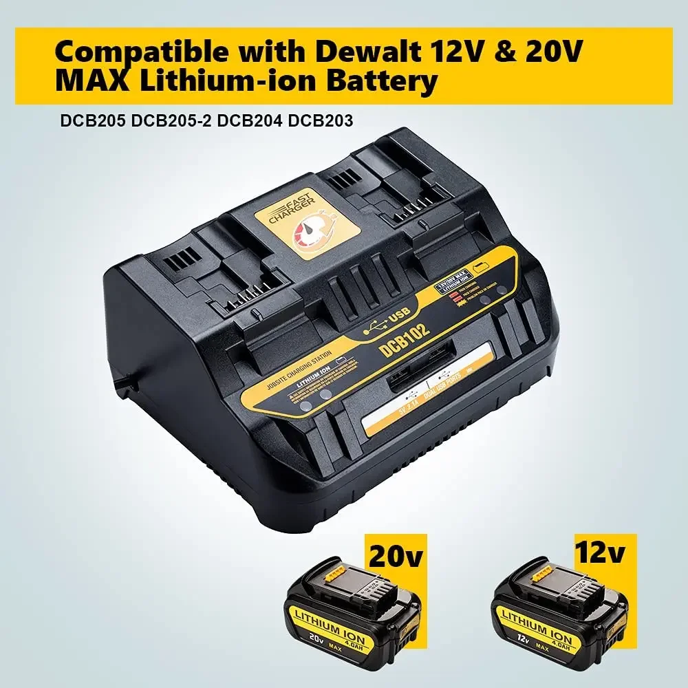 

DCB102 20V Battery Charger DCB102BP 2-Port Charger Compatible for Dewalt 12V - 20V MAX Charging Station DCB206 DCB205 DCB204