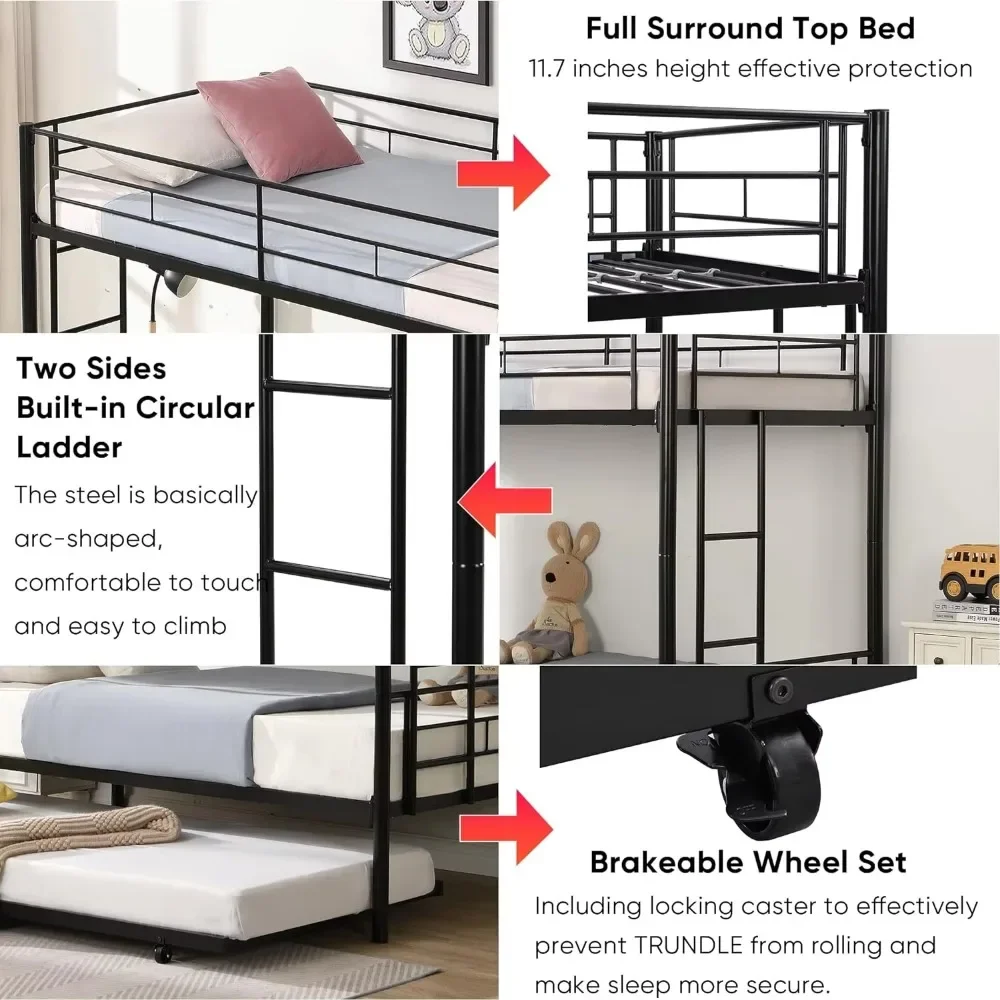Twin Over Twin Bunk Bed Frame with Trundle,Metal Bunkbed Bedframe with Sturdy Guard Rail and 2 Ladders for Kids/Adults,Can be Di 3