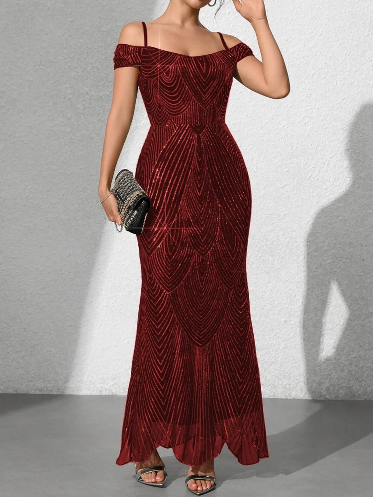 Wmstar Dress Women Wholesale The New 2025 One Shoulder Off The Shoulder Sexy Sequined with Halter Straps Long Fishtail Skirt