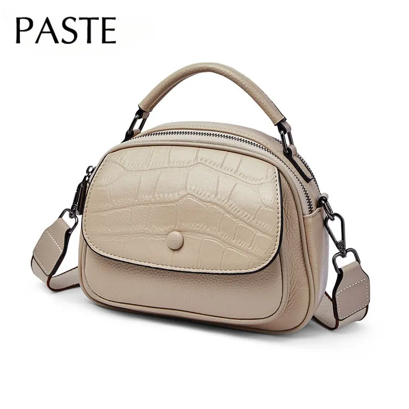 Stone Pattern Real Leather Women Shoulder Bag 23cm Beige Blue 