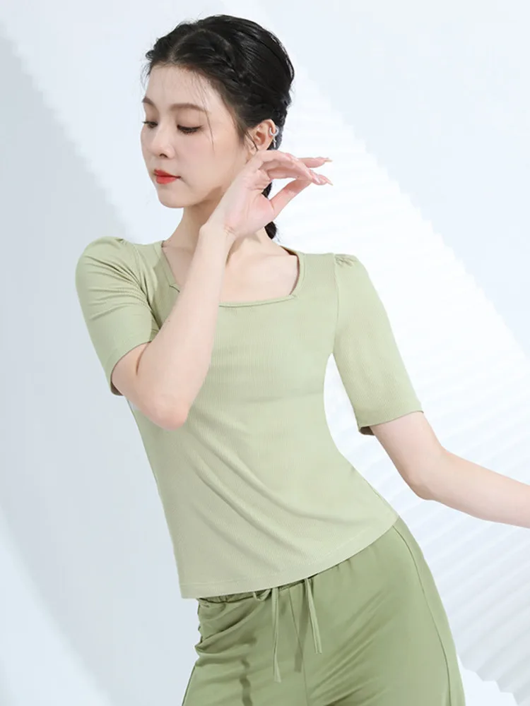 

Однотонная футболка с квадратным воротником для современных танцев, топы для йоги, для сцены, для выступлений, Классическая футболка с коротким рукавом для конкурсов в уличном стиле