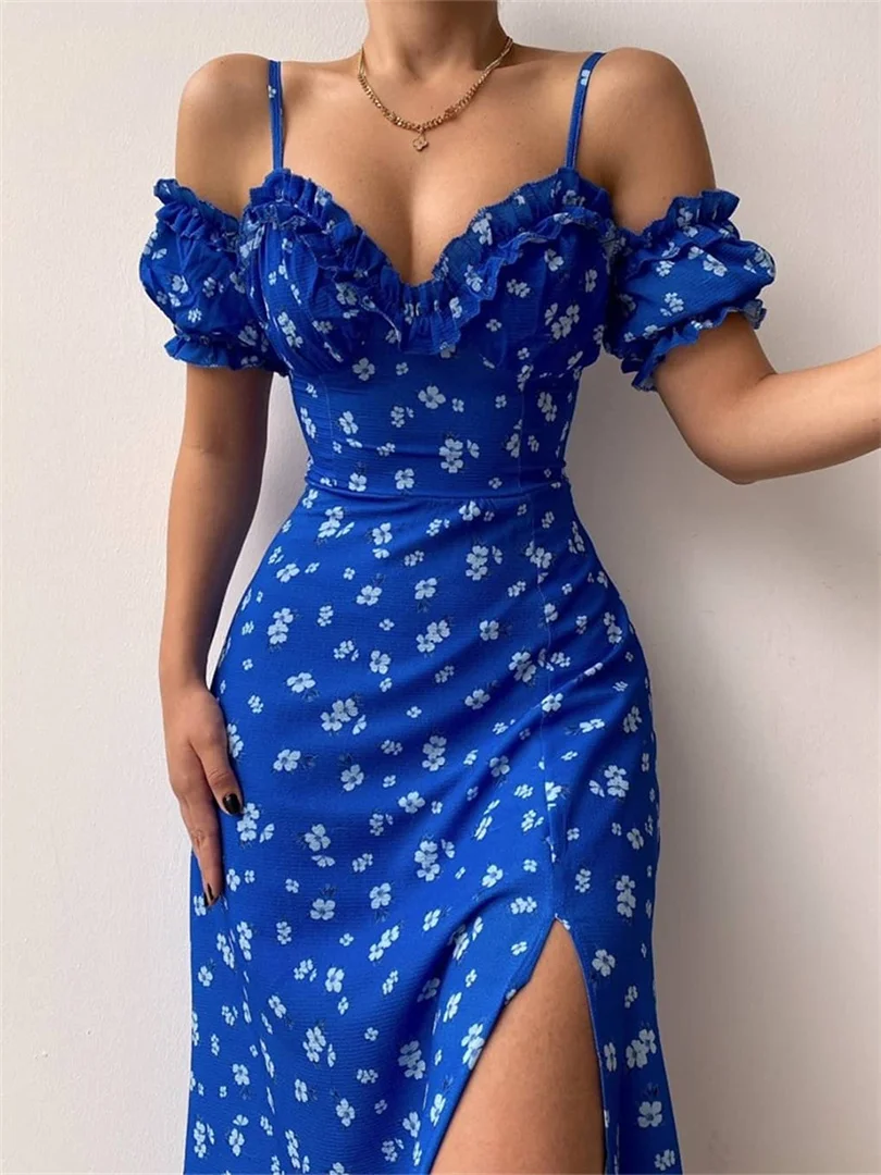 

Women Off Shoulder Frilly Suspender Dress Party Summer Ladies Short Sleeve V-neck Split Mid-length Dress Floarl A-Line