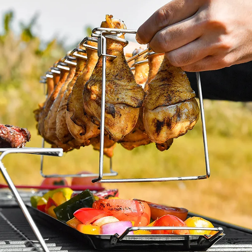 

Chicken Leg Wing Rack 14 Slots Stainless Steel Barbecue Drumsticks Holder With Drip Pan Tools Grill Accessories For BBQ Picnic