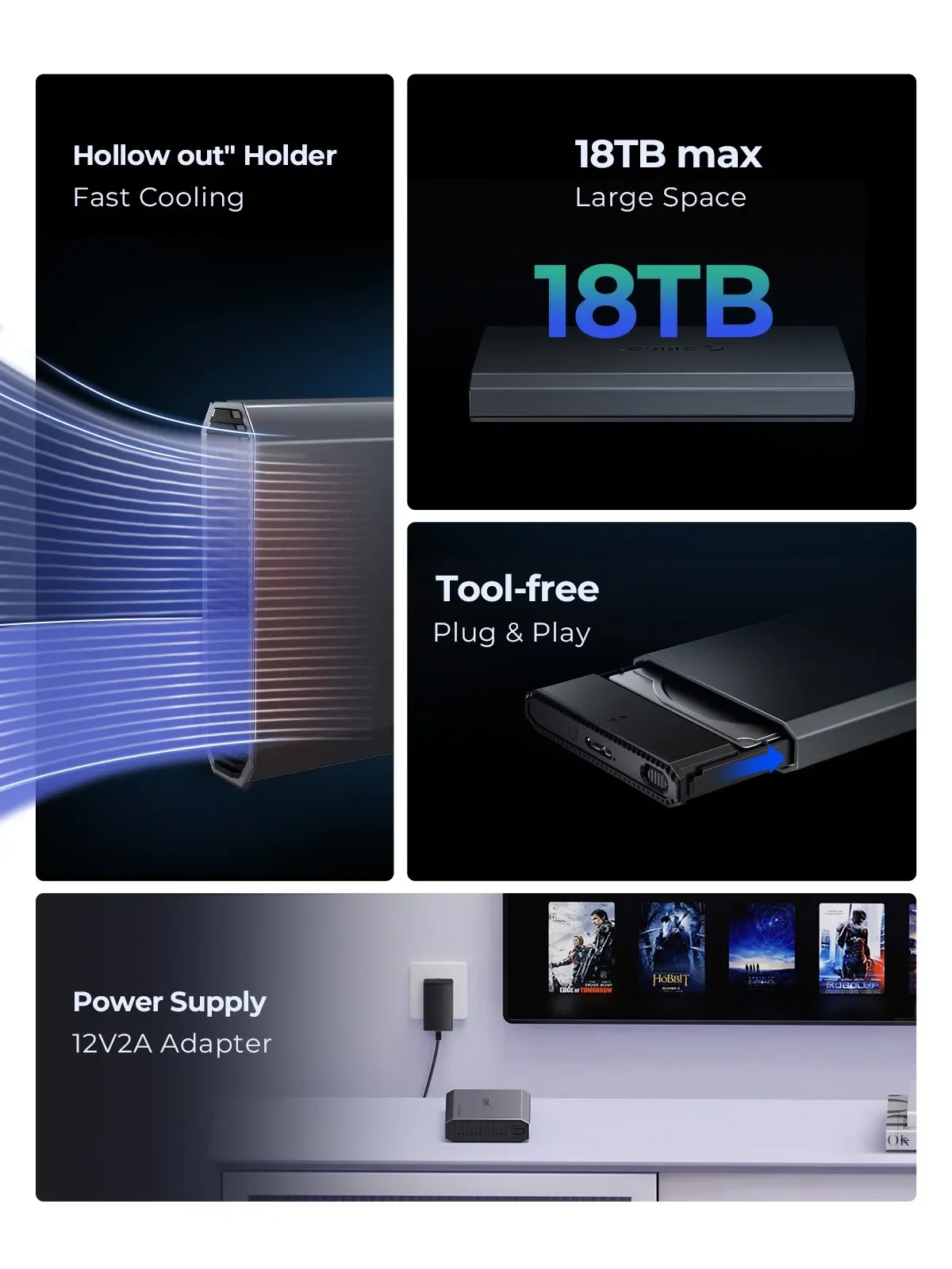 ORICO HDD Case 2.5/3.5 Inch Hard Drive Enclosure USB3.1 Type-C External HDD Case Aluminum Alloy & ABS with 12V2A Power Adapter