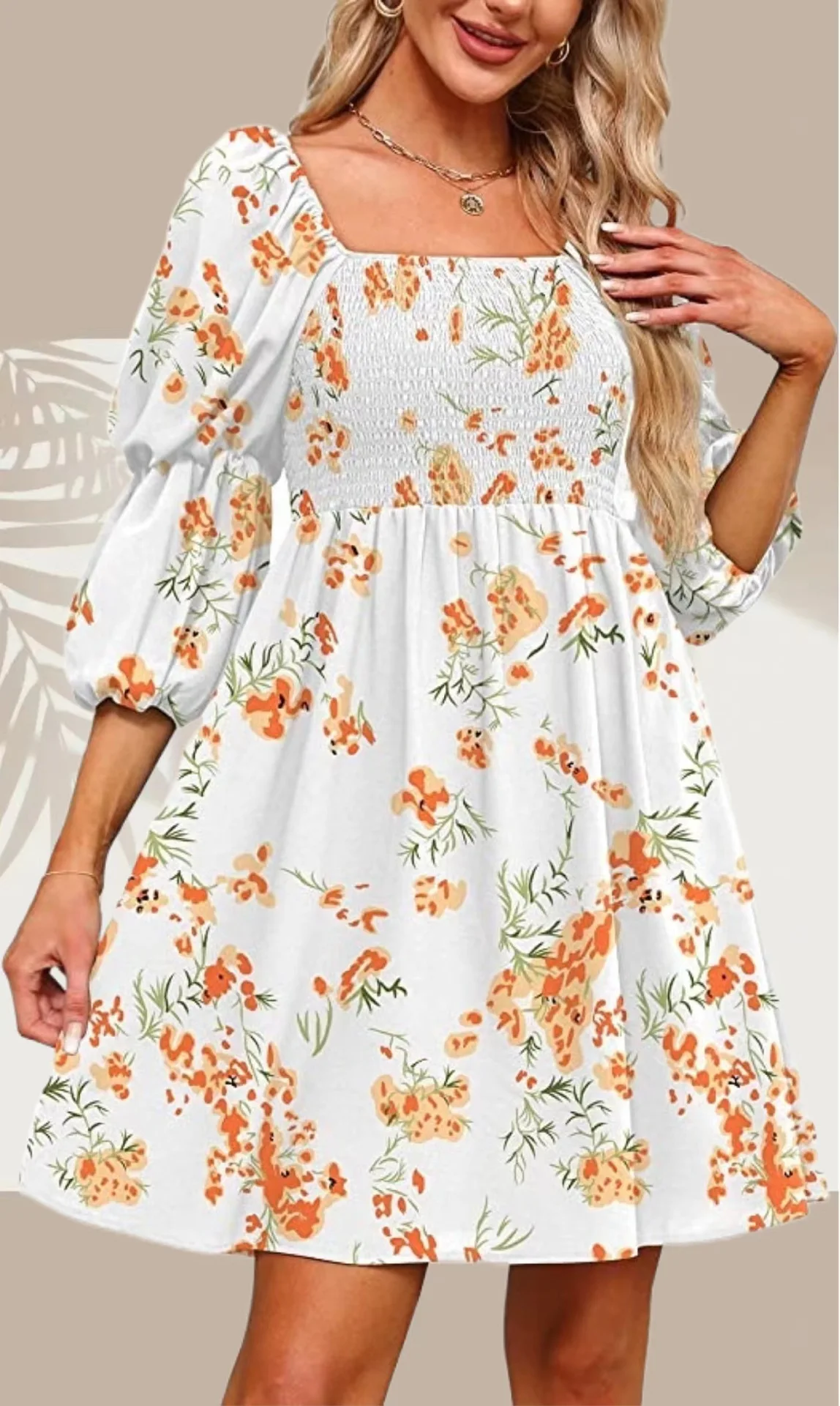 

2023 Women vintage print casual dresses Summer puff 1/2 sleeve square collar A-line mini dress White green brown red black cloth