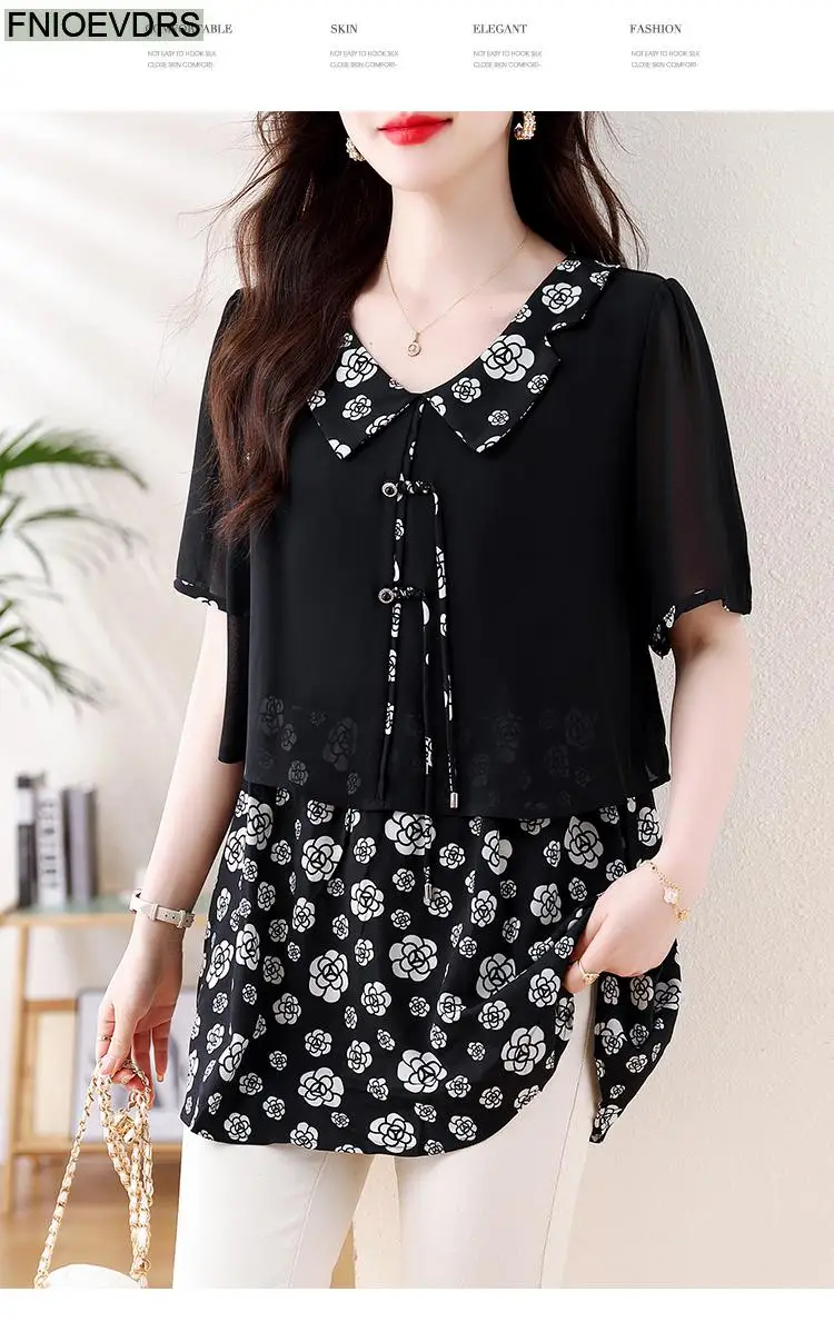 L-5XL Loose Clothes 2024 Women Summer Short Sleeve Elegant Ruffles Shirts Casual Retro Floral Tunic Peplum Tops And Blouses