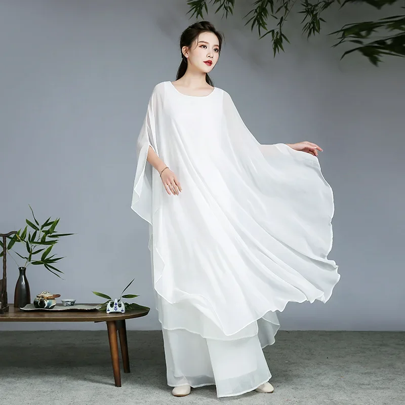 Girl Three Layers Chiffon Tea Suit Zen Suit Wide Leg Pants Set Buddhist Meditation National Style Dance Dress chinese traditional costume