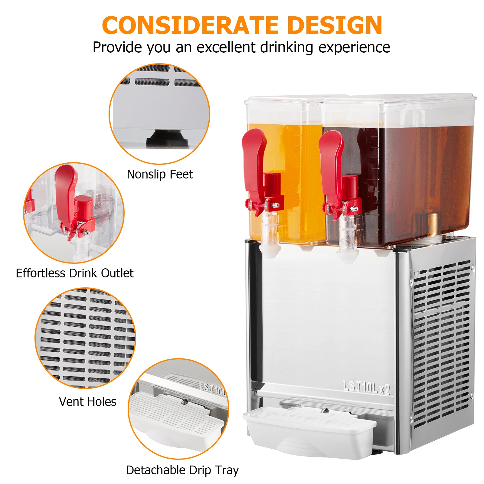 Commercial Beverage Dispenser, 2 Tanks 5.28 Gallon 20L Commercial Juice Dispenser, 10 Liter Per Tank, 280W Ice Drink Dispenser 4