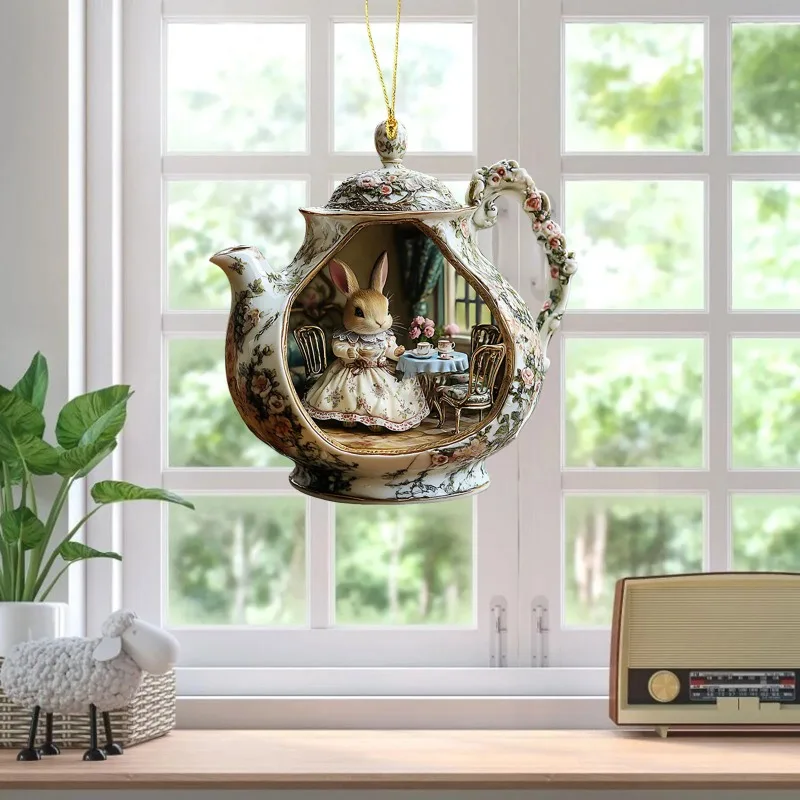 Rabbit in Teacup 2D Acrylic Pendant - Stained Glass Style Hanging Ornament for Backpack/Car Mirror/Window, Warm Home Decor