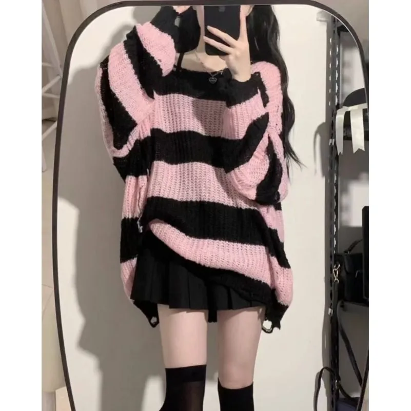 Spring Autumn New Black Pink Sweater Women's Spring and Autumn Medium Long Loose Lazy Style Striped Knitted Sweater Top