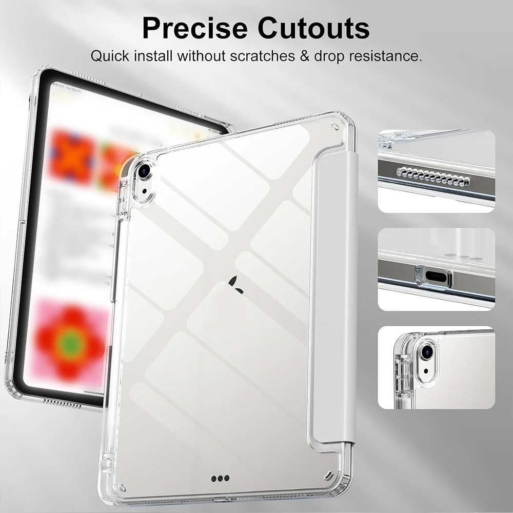 Sleek Transparent Acrylic Back Cover Trifold Stand Tablet Case with Pen Slot