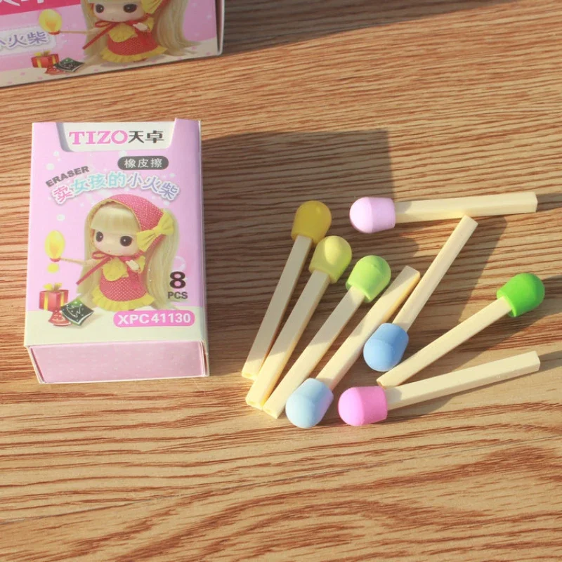 A Box Matchstick shape Cute Kawaii Matches Eraser Colored for Kids Students Creative Item Gift