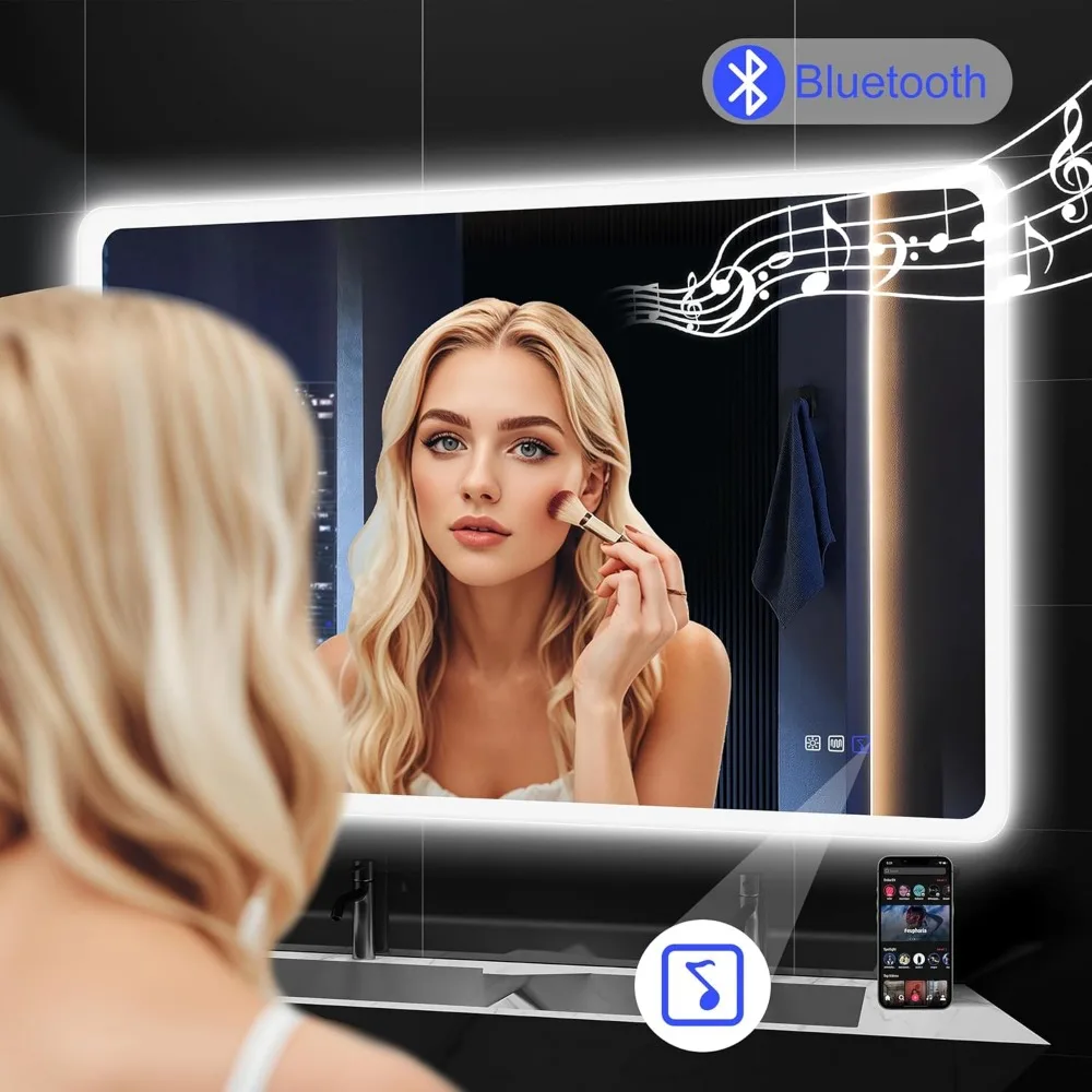 40 "x28" led bathroom mirror, wall-mounted Bluetooth speaker, anti-fog, 3 color temperature,adjustable brightness,tempered glass